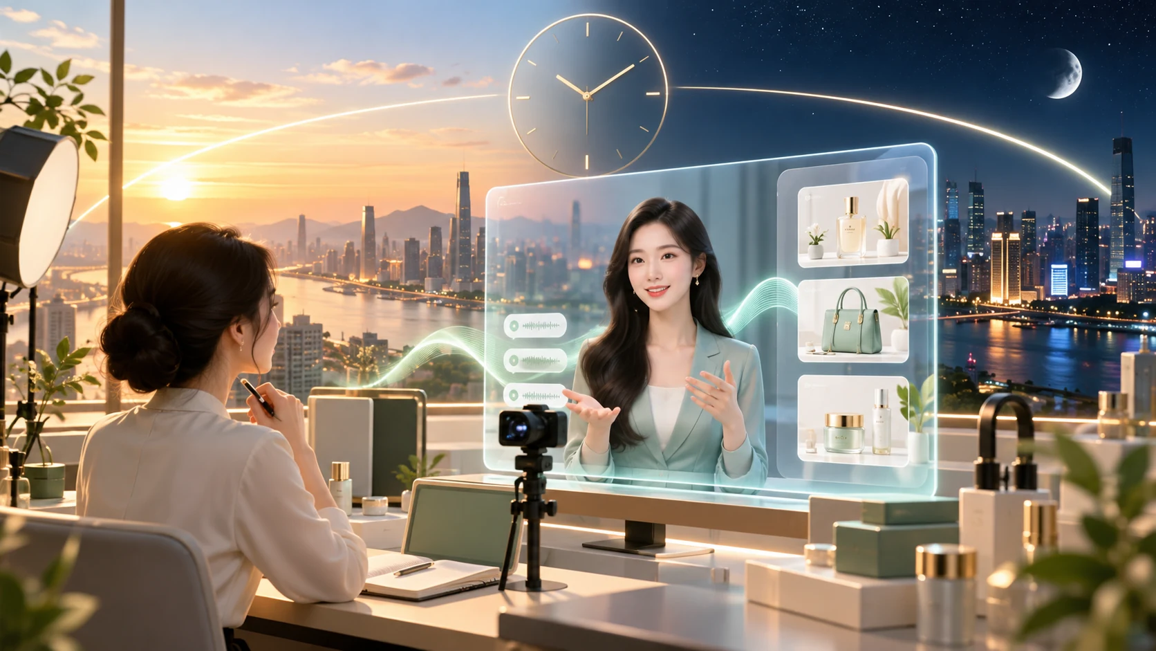 AI数字人主播在日夜交替的直播工作台持续讲解商品的概念示意图，非实际软件截图