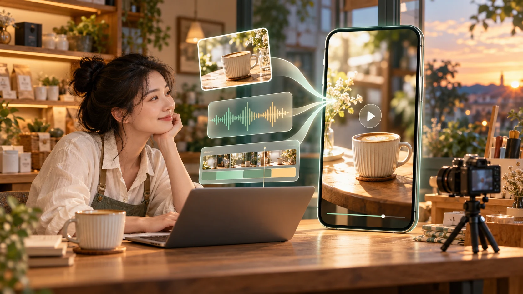 商家把商品画面、声音和剪辑素材组织成手机短视频的概念示意图,非实际软件截图